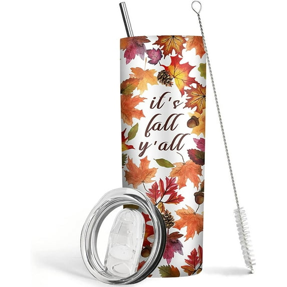Fall Tumbler 20 oz Travel Coffee Mug Fall Leaf Print Skinny Tumblers with Lid and Straw Stainless Steel Insulated Coffee Leaves Cups Gift for Fall