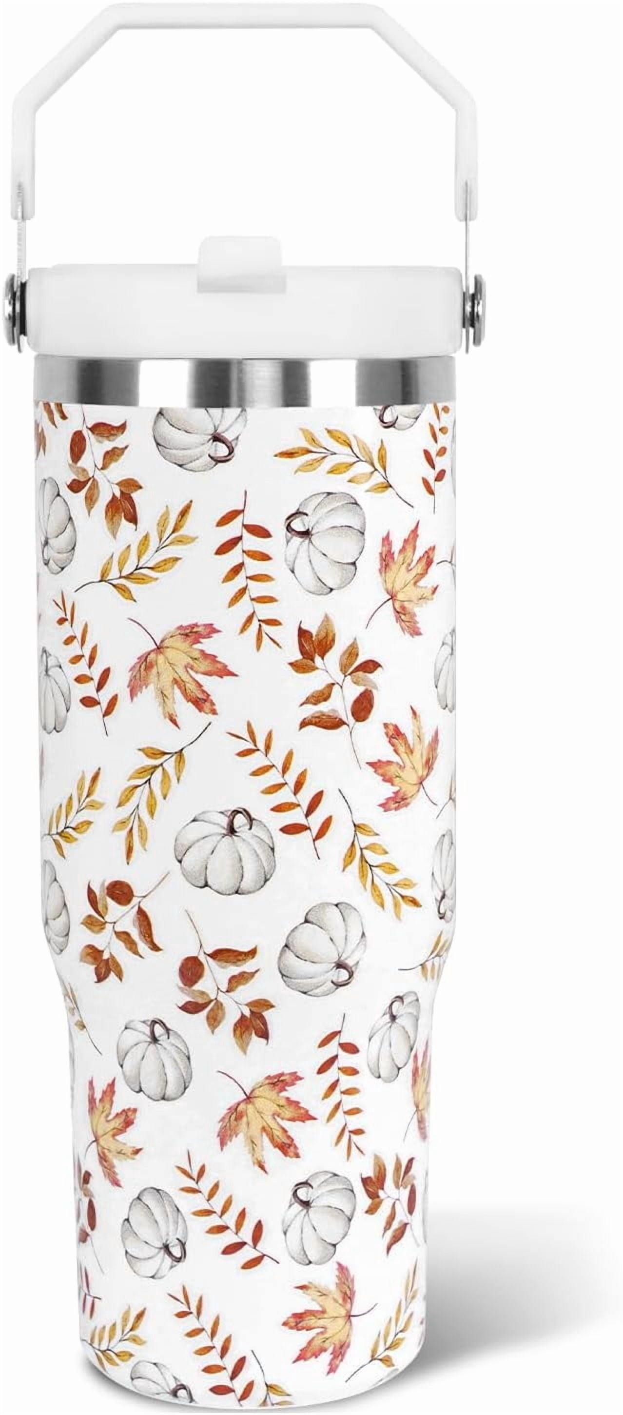 Fall Tumbler with Lid and Straw 30oz,White Pumpkin Maple Leaf Vacuum Autumn Insulated Leak Proof Tumbler,Farmhouse Gift Cute Women Kids Teen Girls,Thanksgiving Accessories Stainless Steel Coffee Cup