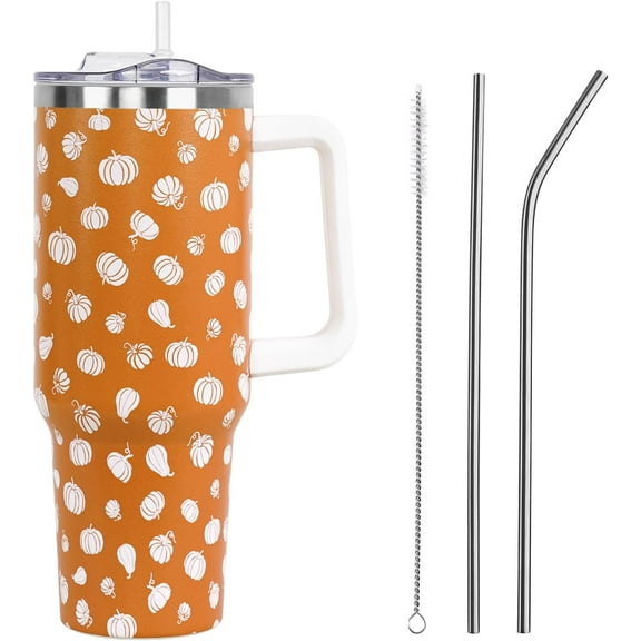 Fall Tumbler with Lid and Straw 40oz,Orange Hello Pumpkin Vacuum Autumn Insulated Leak Proof Tumbler,Farmhouse Cute Gifts Women Girls,Fall Accessories Stainless Steel Coffee Cup