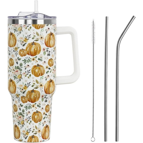 40oz Fall Tumbler with Straw & Lid - Pumpkin Pink Floral Design | Vacuum Insulated, Spill-Proof Stainless Steel Cup | Autumn Farmhouse Gift for Women & Girls