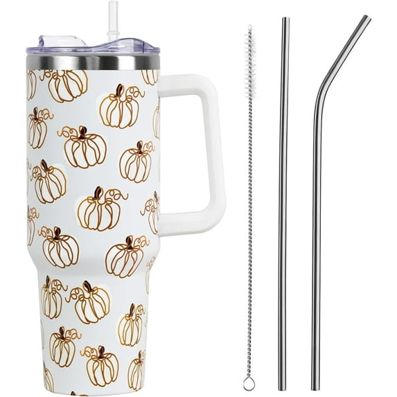 40oz Fall Tumbler with Lid & Straw - White Pumpkin Design, Vacuum Insulated, Leak Proof Stainless Steel Coffee Cup, Autumn Farmhouse Gift for Women & Girls