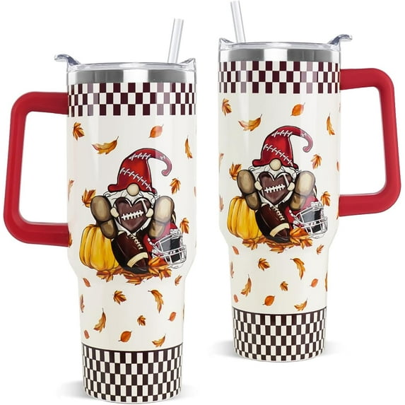 Fall Tumbler with Handle 40 oz Football Gnome Coffee Travel Mug Stainless Steel Autumn Cute Insulated Cups Football Thanksgiving Decor Gifts