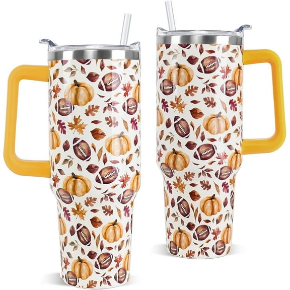 Fall Tumbler with Handle 40 oz Pumpkin Football Coffee Travel Mug Stainless Steel Autumn Insulated Cups Halloween Thanksgiving Decor Gifts
