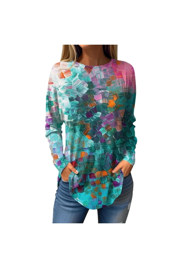 Fall Tunics for Women 2023 Crew Neck Women’s Blouses Fashion Graphic Tunic Long Sleeve Womens Fall Tops Woman Fall Clothes 2023 Outfit for Women Trendy