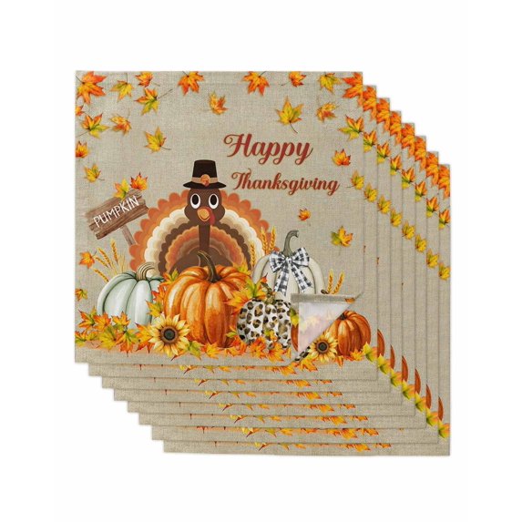 Fall Turkey Cloth Napkins Set of 8 Reusable Dinner Napkins, Happy Thanksgiving Pumpkin Maple Leaf Cocktail Napkin Washable Table Napkins for Wedding/Holiday Party/Baby Shower 20"x20"