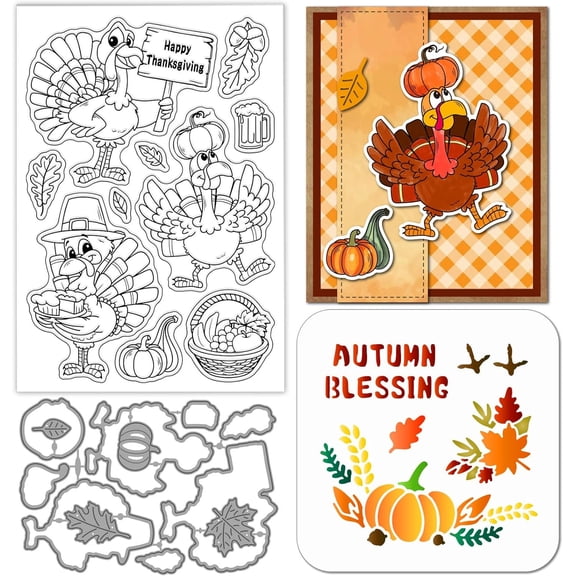 Fall Turkey Funny Clear Silicone Stamp Metal Thanksgiving Pumpkin Cutting Die Cuts Autumn Blessing Paint Craft Stencils