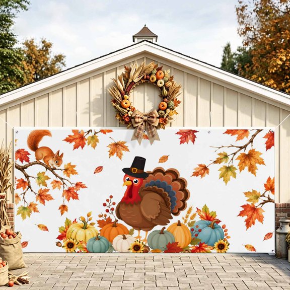 Fall Turkey Garage Door Banner 6.9x8 Ft, Thanksgiving Autumn Harvest Pumpkins Maple Leaf Outdoor Garage Door Cover for Holiday Party, Hanging Banner Backdrop Decoration Wall Decor Flag