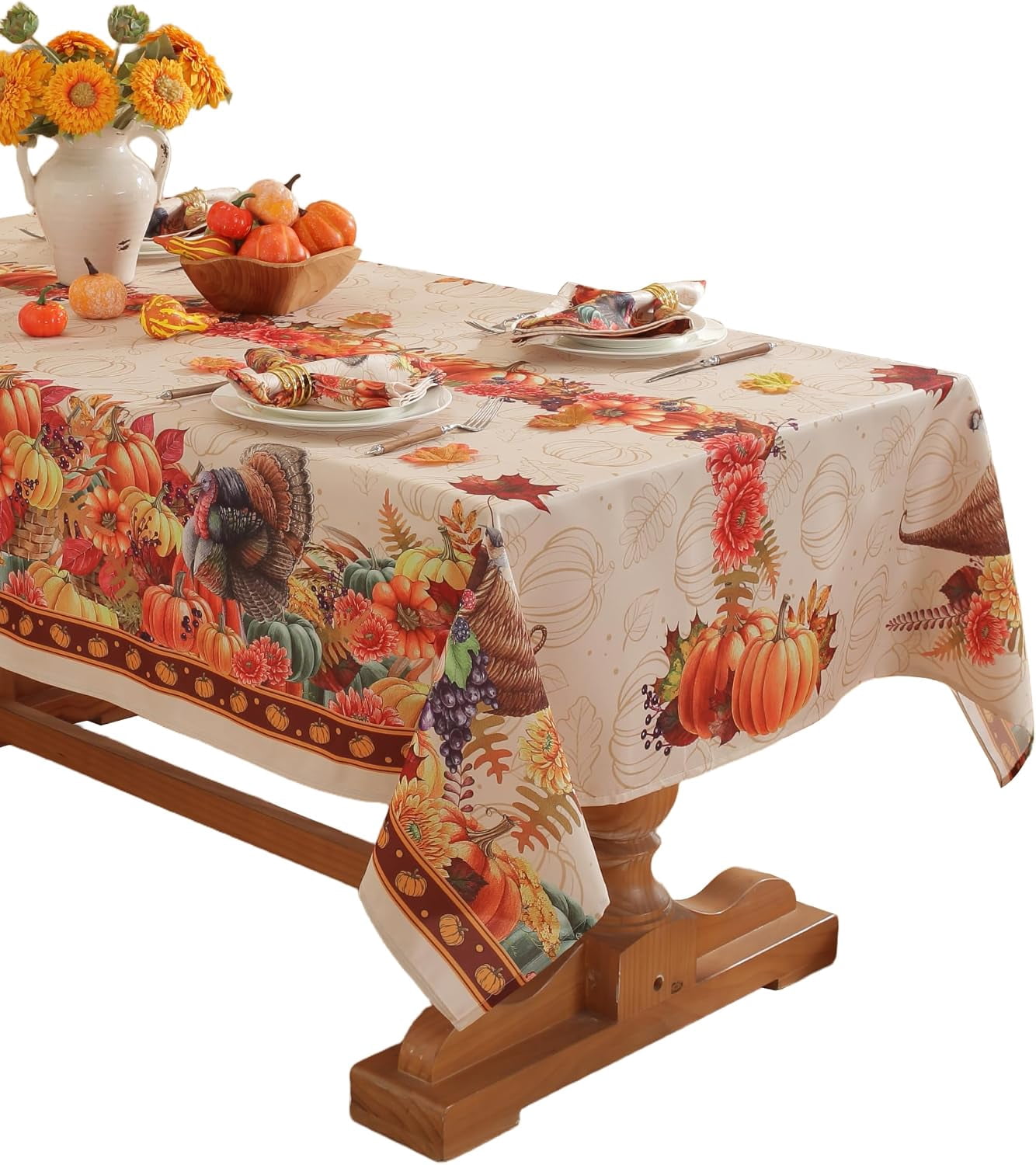 Fall Turkey & Pumpkin Rectangle Tablecloth 60x84 Inch, Polyester ...