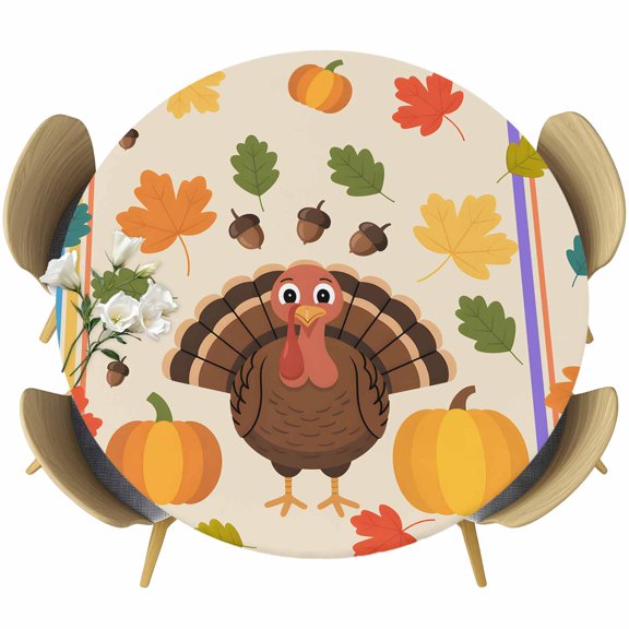 Fall Turkey Round Tablecloth, Fitted Table Cover with Elastic for 36"-44" Round Tables, Thanksgiving Maple Leaf Pumpkin Stripes Table Cloth Outdoor Indoor Dinning Party Waterproof Tablecloths