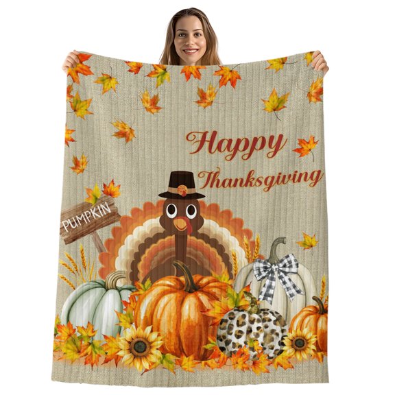 Fall Turkey Throw Blanket, Flannel Fleece Blanket with Striped Design for Couch, Happy Thanksgiving Pumpkin Maple Leaf Soft Breathable All Season Plush Blankets for Sofa Office Chair 30"x40"