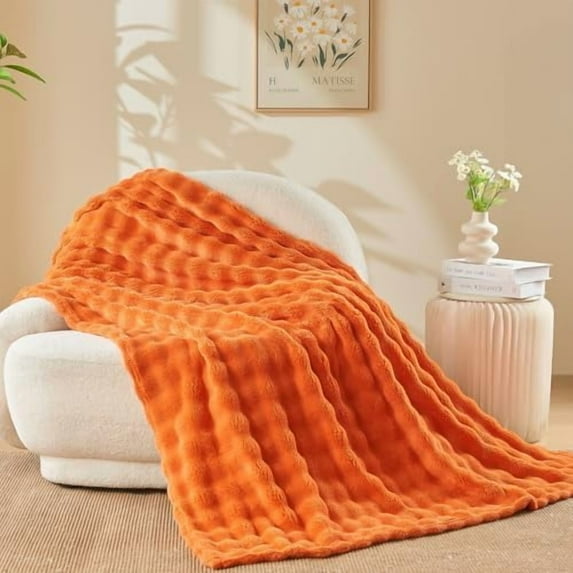 Fall Twin Blanket for Couch Orange Super Soft Flannel Fleece 3D Bubble Lightweight Bed Blanket All Season Use (Orange, Twin(60"x80"))