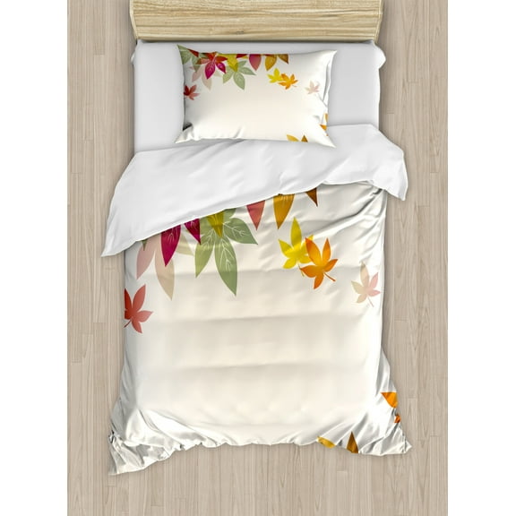 Fall Twin Size Duvet Cover Set, Silhouettes of Maple Tree Leaves in Pastel Colors Classical Shady Nature Graphic Image, Decorative 2 Piece Bedding Set with 1 Pillow Sham, Multicolor, by Ambesonne