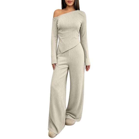 Fall Two Piece Sets For Women One Shoulder Tops Long Pants Knit Matching Lounge Set Womens Casual 2 Piece Top and Pants Home Wear Set