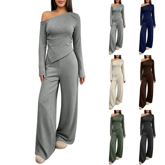 Fall Two Piece Sets For Women One Shoulder Tops Long Pants Knit Matching Lounge Set Womens Casual 2 Piece Top and Pants Home Wear Set