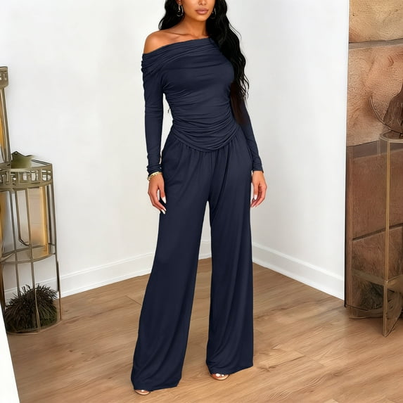 Fall Two Piece Sets For Women 2025 Off Shoulder Tops Long Pants Knit Matching Lounge Set Airport Travel Outfits,Women's Athletic Outfit Sets for Fall,Navy XL