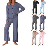 Fall Two Piece Solid Color Ribbed Knit Outfits for Women Dressy V Neck Long Sleeve Button Down Drop Shoulder Sweaters Casual Soft Long Leg Sweaterpants