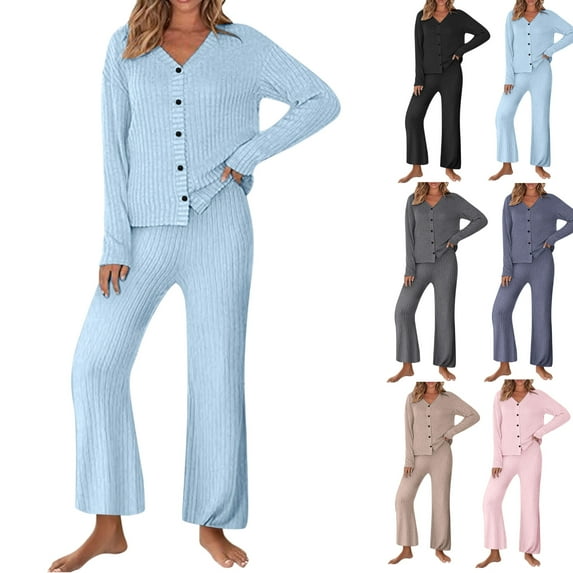 Fall Two Piece Solid Color Ribbed Knit Outfits for Women Dressy V Neck Long Sleeve Button Down Drop Shoulder Sweaters Casual Soft Long Leg Sweaterpants