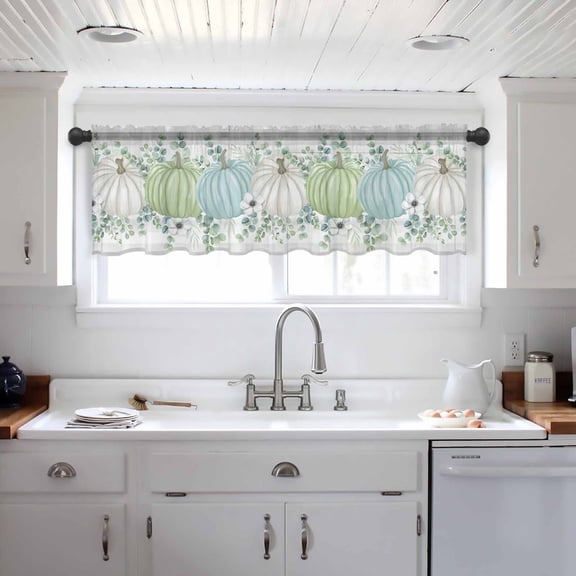 Fall Valance Curtains for Kitchen/Living Room/Bathroom/Bedroom Window, Blue Green Pumpkins Thanksgiving Flower Leaf Plaid Rod Pocket Small Topper Half Short Window Curtains Voile Sheer Scarf 42"x18"
