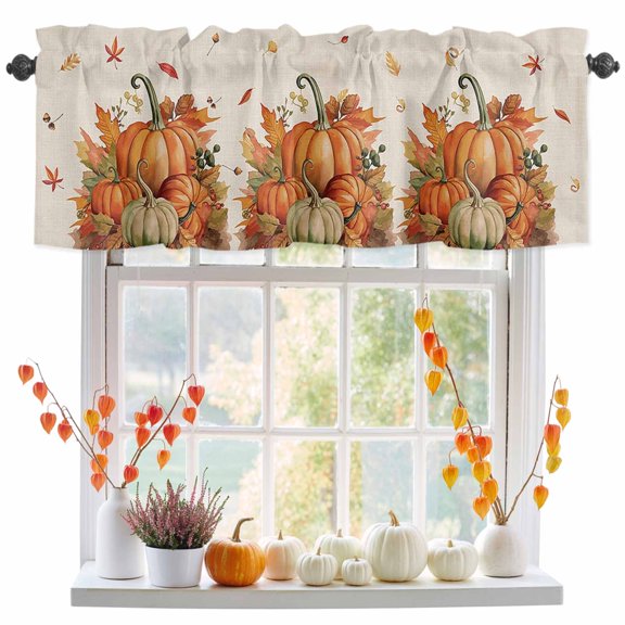 Fall Valance Curtains for Windows Orange Pumpkin Kitchen Curtians Window Treatment Autumn Maple Leaf Nuts Thanksgiving Curtain Rod Pocket Valances for Kitchen Bathroom Living Room 54x18in
