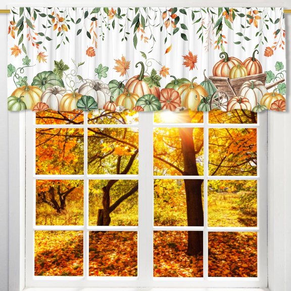 Fall Valance for Windows, Small Fall Kitchen Decor Valance Curtain Rod Pocket Classic Country Farmhouse, Autumn Pumpkin Decorations 18x54 Inch Thanksgiving Window Treatment for Bathroom Living & Room