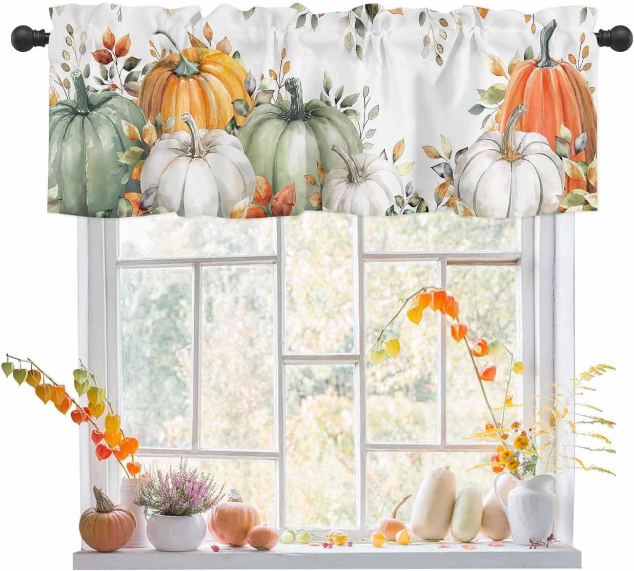 Green & White Pumpkin Fall Valance Curtain – 54x18 Inch, Rod Pocket, Thanksgiving Decor