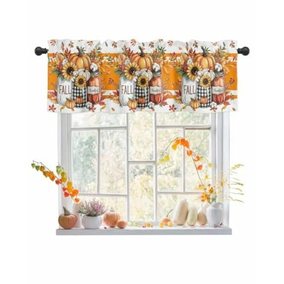 Fall Valances Curtain Pumpkin Sunflower Thanksgiving Kitchen Curtains Maple Leaf Orange Stripes Window Valance Topper Curtain Window Treatment for Living Room Bedroom, 54x18 inch