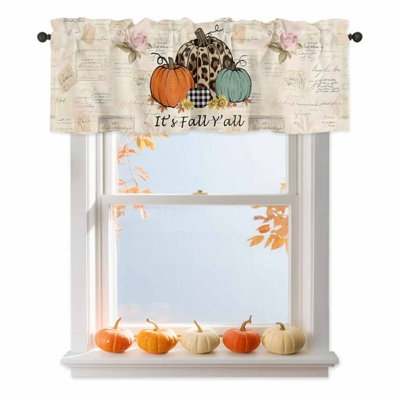 It's Fall Valances for Windows, 54 x 18in, Y'all Leopard Plaid Pumpkin Farm Harvest Retro Beige Rod Pocket Kitchen Valance Curtain Light Filtering Window Treatments for Living Room Bedroom, 1 Panel