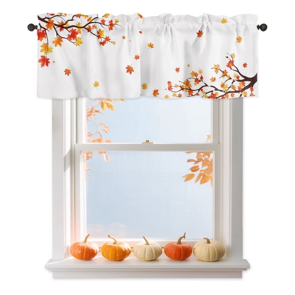 Fall Valances for Windows, Country Red Orange Falling Maple Leaves Thanksgiving Rod Pocket Valance Short Window Treatments Curtains for Kitchen Bathroom Bedroom Decor, 60 x 18 Inches