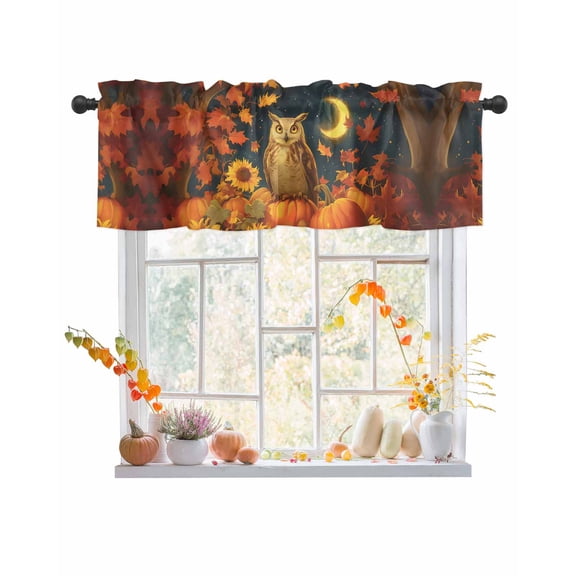 Fall Valances for Windows, Fall Moon Owl Sunflowers Pumpkin Maple Leaves Rod Pocket Short Window Valance Curtains Holiday Window Treatment for Kitchen Living Room Bathroom, 54"x18"