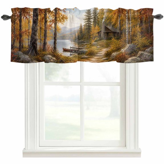 Fall Valances for Windows Farmhouse Kitchen Curtains Valances Rod Pocket Valance Curtains for Kitchen Windows Farmhouse Country Cabins Maple Leaves Trees Window Valances for Bathroom Bedroom 42"x12"