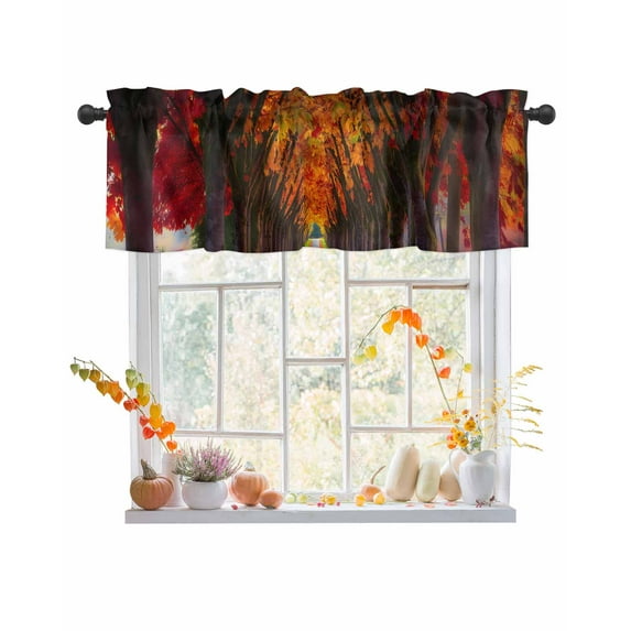 Fall Valances for Windows, Forest Fallen Leaves Autumn Orange Landscape Rod Pocket Short Window Valance Curtains Holiday Window Treatment for Kitchen Living Room Bathroom, 42"x18"