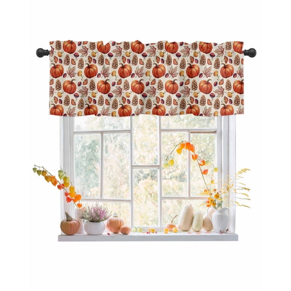 Fall Valances for Windows, Fruit Pine Cone Pumpkin Maple Leaf Linen Texture Rod Pocket Short Window Valance Curtains Holiday Window Treatment for Kitchen Living Room Bathroom, 60"x18"