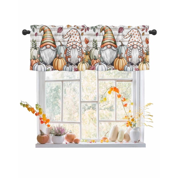 Fall Valances for Windows, Gnome Pumpkin Fallen Leaves Cartoon Wood Grain Rod Pocket Short Window Valance Curtains Holiday Window Treatment for Kitchen Living Room Bathroom, 54"x18"