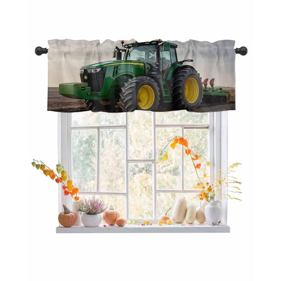 Fall Valances for Windows, Harvest Green Truck Turn Over Land Plough Rod Pocket Short Window Valance Curtains Holiday Window Treatment for Kitchen Living Room Bathroom, 42"x12"