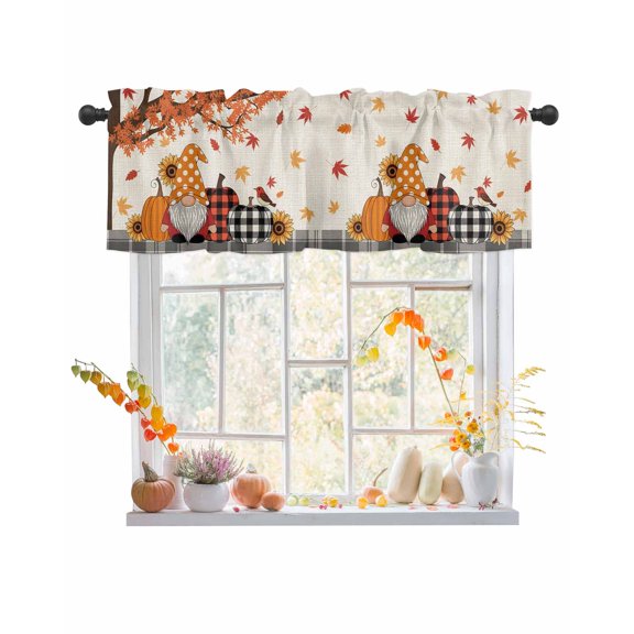 Fall Valances for Windows, Maple Gnome Pumpkin Sunflower Linen Texture Thanksgiving Rod Pocket Short Window Valance Curtains Holiday Window Treatment for Kitchen Living Room Bathroom, 42"x12"