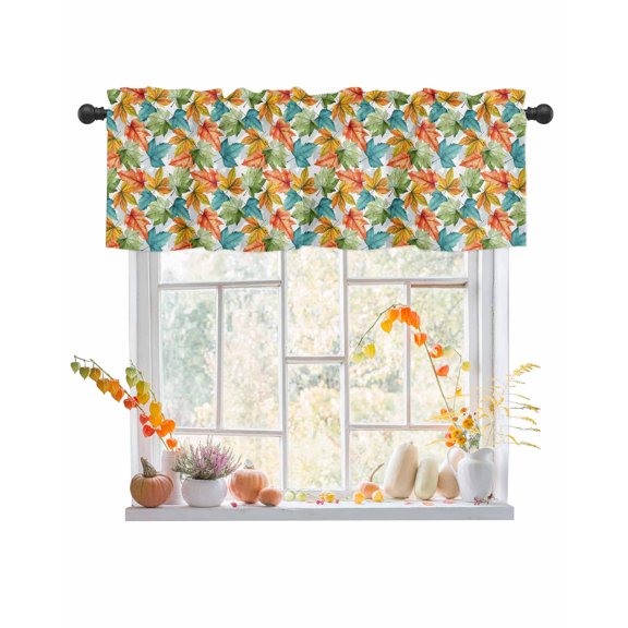 Fall Valances for Windows, Maple Leaf Blue Green Orange Leaves Pastoral Rod Pocket Short Window Valance Curtains Holiday Window Treatment for Kitchen Living Room Bathroom, 42"x12"