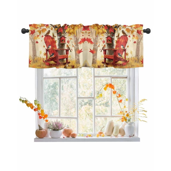 Fall Valances for Windows, Maple Leaf Forest Birds Rod Pocket Short Window Valance Curtains Holiday Window Treatment for Kitchen Living Room Bathroom, 42"x12"