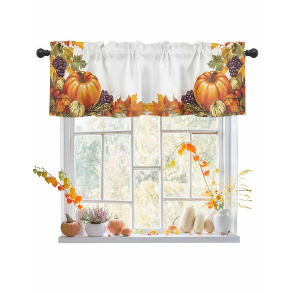 Fall Valances for Windows, Orange Pumpkin Grape Fruit Maple Leaves Rod Pocket Short Window Valance Curtains Holiday Window Treatment for Kitchen Living Room Bathroom, 42"x12"