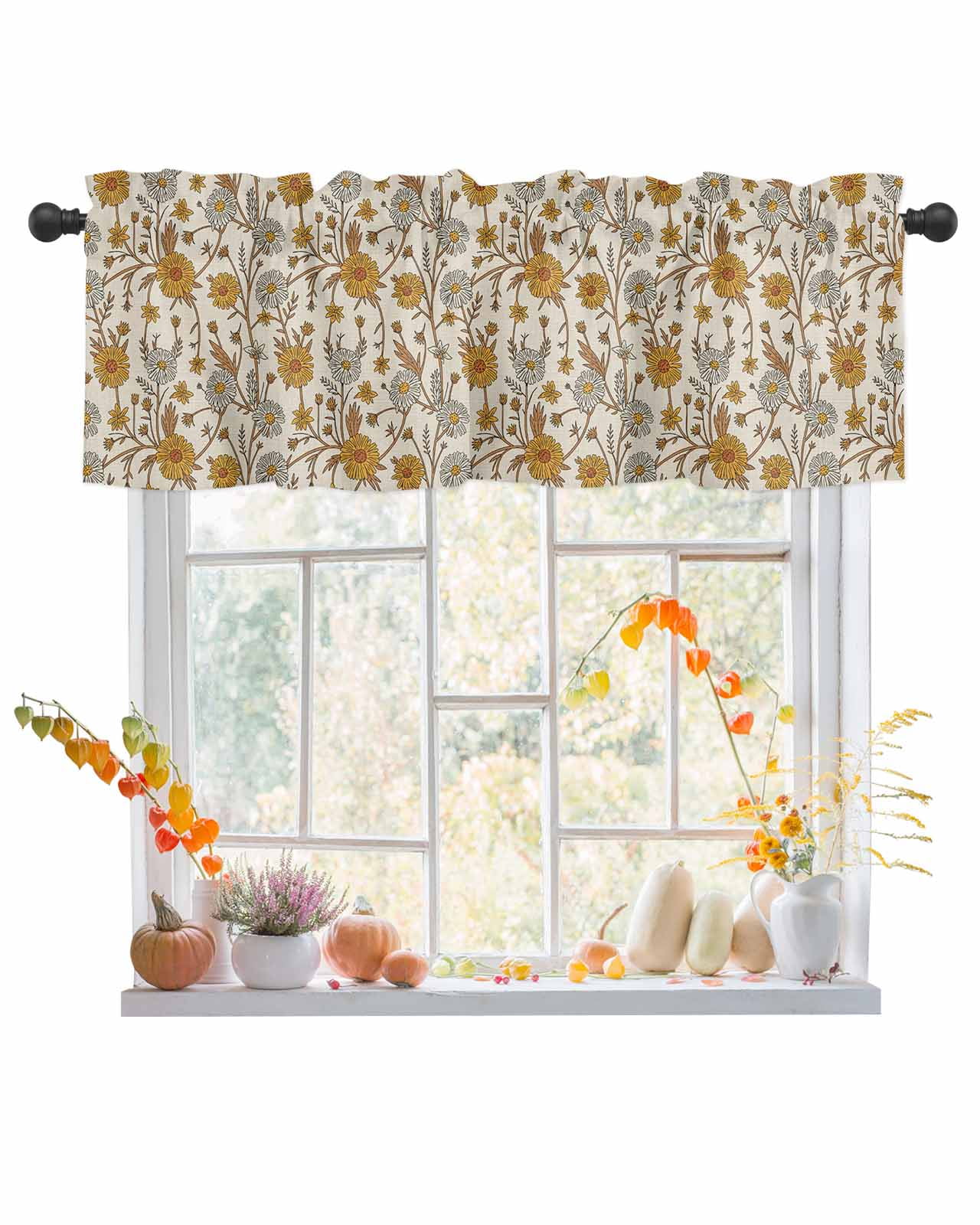 Fall Valances for Windows, Plant Vintage Yellow White Floral Linen ...