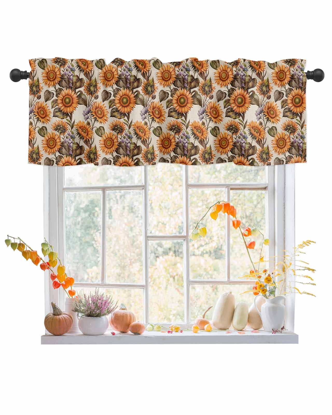 Fall Valances for Windows, Plant Watercolor Sunflower Floral Linen ...