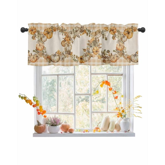Fall Valances for Windows, Plants Pumpkin Leaves Wreath Orange Plaid Linen Rod Pocket Short Window Valance Curtains Holiday Window Treatment for Kitchen Living Room Bathroom, 42"x12"