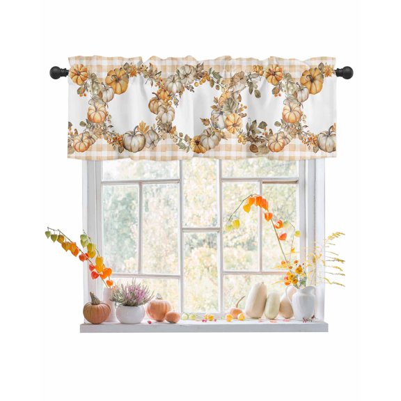 Fall Valances for Windows, Plants Pumpkin Leaves Wreath Orange Plaid Rod Pocket Short Window Valance Curtains Holiday Window Treatment for Kitchen Living Room Bathroom, 42"x12"