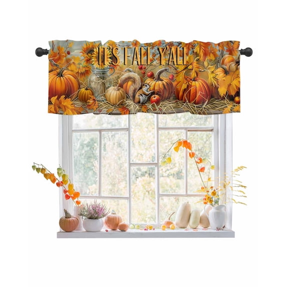 Fall Valances for Windows, Pumpkin Cute Squirrel Thanksgiving Maple Leaves Rod Pocket Short Window Valance Curtains Holiday Window Treatment for Kitchen Living Room Bathroom, 60"x18"