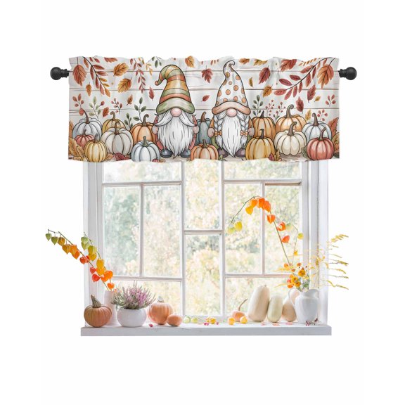 Fall Valances for Windows, Pumpkin Gnome Fallen Leaves Cartoon Wood Grain Rod Pocket Short Window Valance Curtains Holiday Window Treatment for Kitchen Living Room Bathroom, 42"x12"