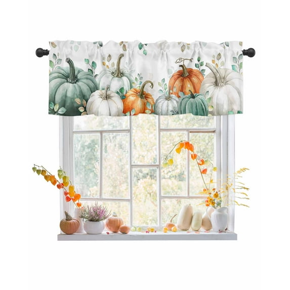 Fall Valances for Windows, Pumpkin Grass Green Eucalyptus Leaves Plant Rod Pocket Short Window Valance Curtains Holiday Window Treatment for Kitchen Living Room Bathroom, 54"x18"