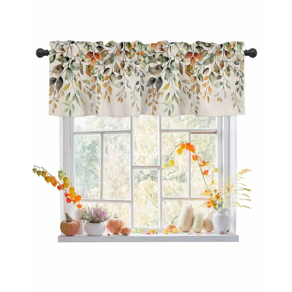 Fall Valances for Windows, Sage Green Eucalyptus Leaves Linen Background Rod Pocket Short Window Valance Curtains Holiday Window Treatment for Kitchen Living Room Bathroom, 42"x12"