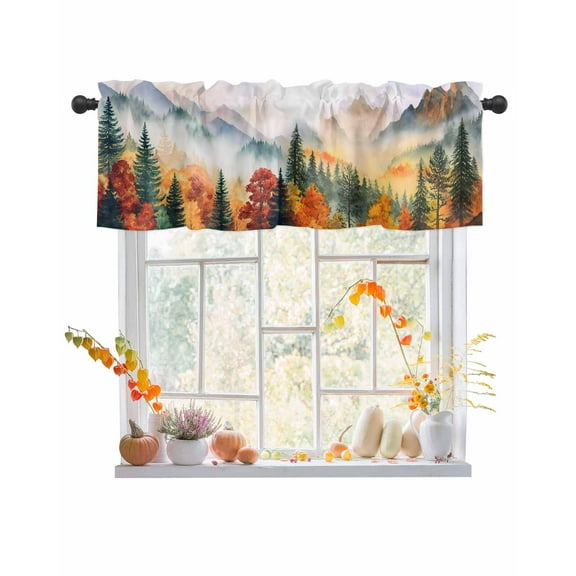 Fall Valances for Windows, Scenery Watercolor Autumn Fog Forest Linen Rod Pocket Short Window Valance Curtains Holiday Window Treatment for Kitchen Living Room Bathroom, 60"x18"