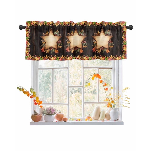 Fall Valances for Windows, Stars Maple Leaf Berry Leaves Watercolor Wood Texture Rod Pocket Short Window Valance Curtains Holiday Window Treatment for Kitchen Living Room Bathroom, 42"x12"