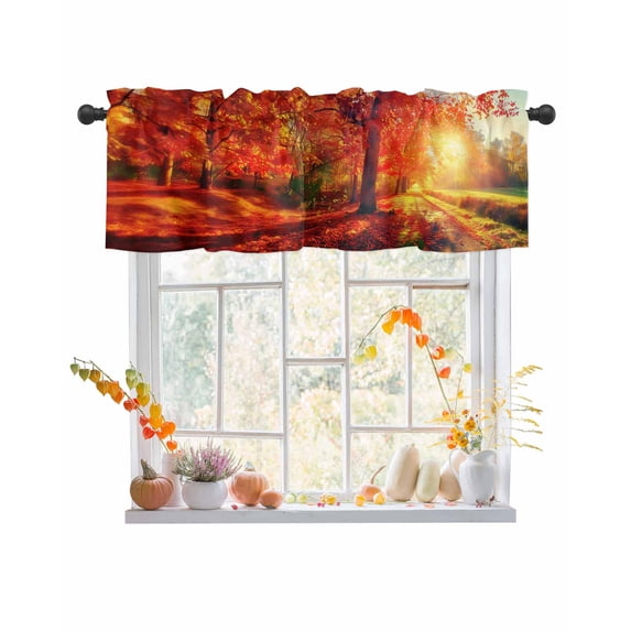 Fall Valances for Windows, Sunset Forest Red Leaf Autumn Rod Pocket Short Window Valance Curtains Holiday Window Treatment for Kitchen Living Room Bathroom, 42"x12"