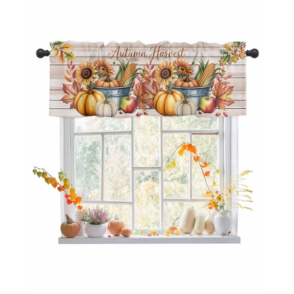 Fall Valances for Windows, Thanksgiving Autumn Harvest Pumpkin Corn Wood Grain Rod Pocket Short Window Valance Curtains Holiday Window Treatment for Kitchen Living Room Bathroom, 54"x18"